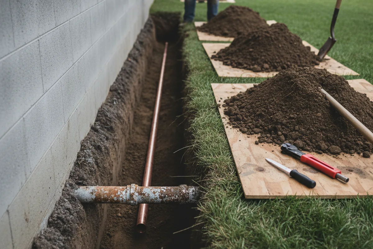 Excavated water line trench during Water Softener Installation in Biddeford Pool